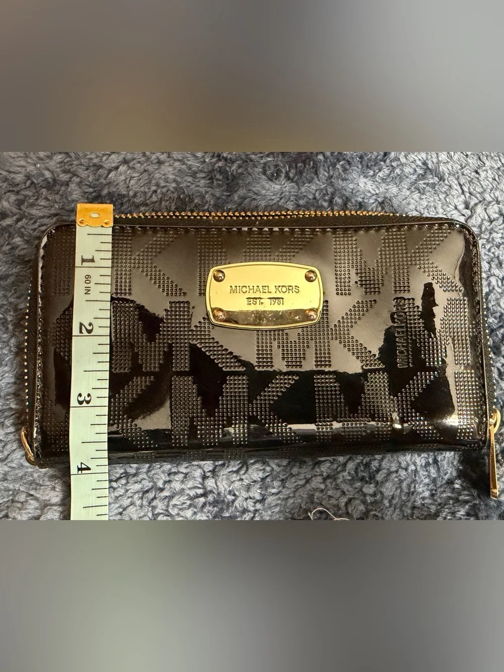 Michael Kors Glossy Black Patent Logo Zip Wallet with Gold Plaque